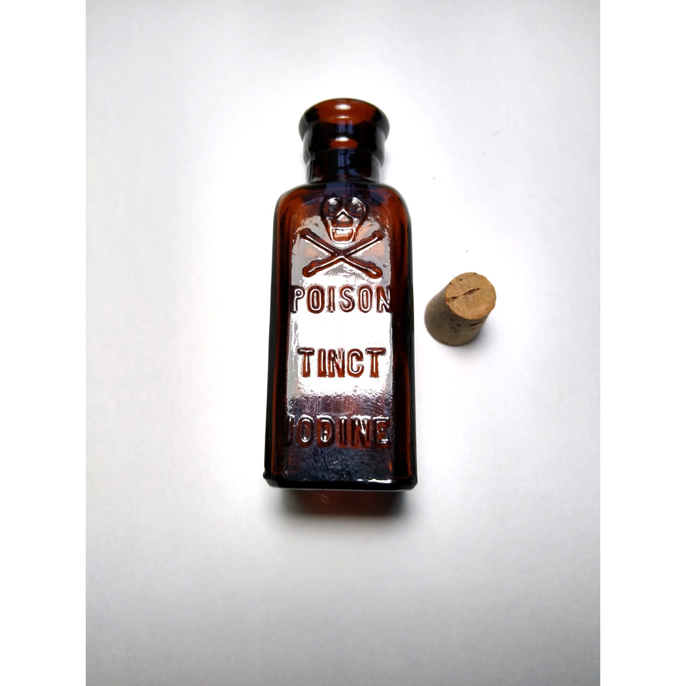 Antique Amber Poison Bottle Tinct Iodine Glass Bottle Dropper Skull Bones M5